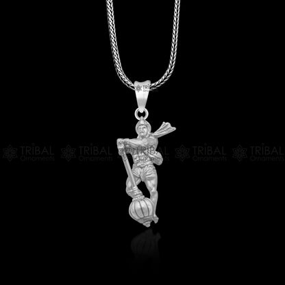925 sterling silver Lord Hanuman pendant, handmade Hindu idol jewelry featuring divine Bajarangbali design by TRIBAL ORNAMENTS