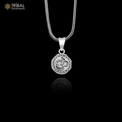 925 sterling silver Hindu mantra Aum OM pendant, handmade tribal jewelry featuring good luck symbols and personalized design.