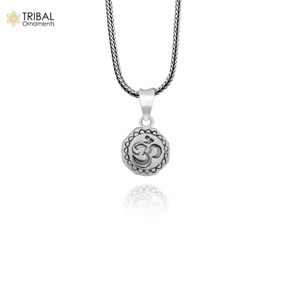 Handmade 925 silver Hindu mantra 'Aum' OM pendant, tribal-style jewelry with good luck symbols and personalized design.