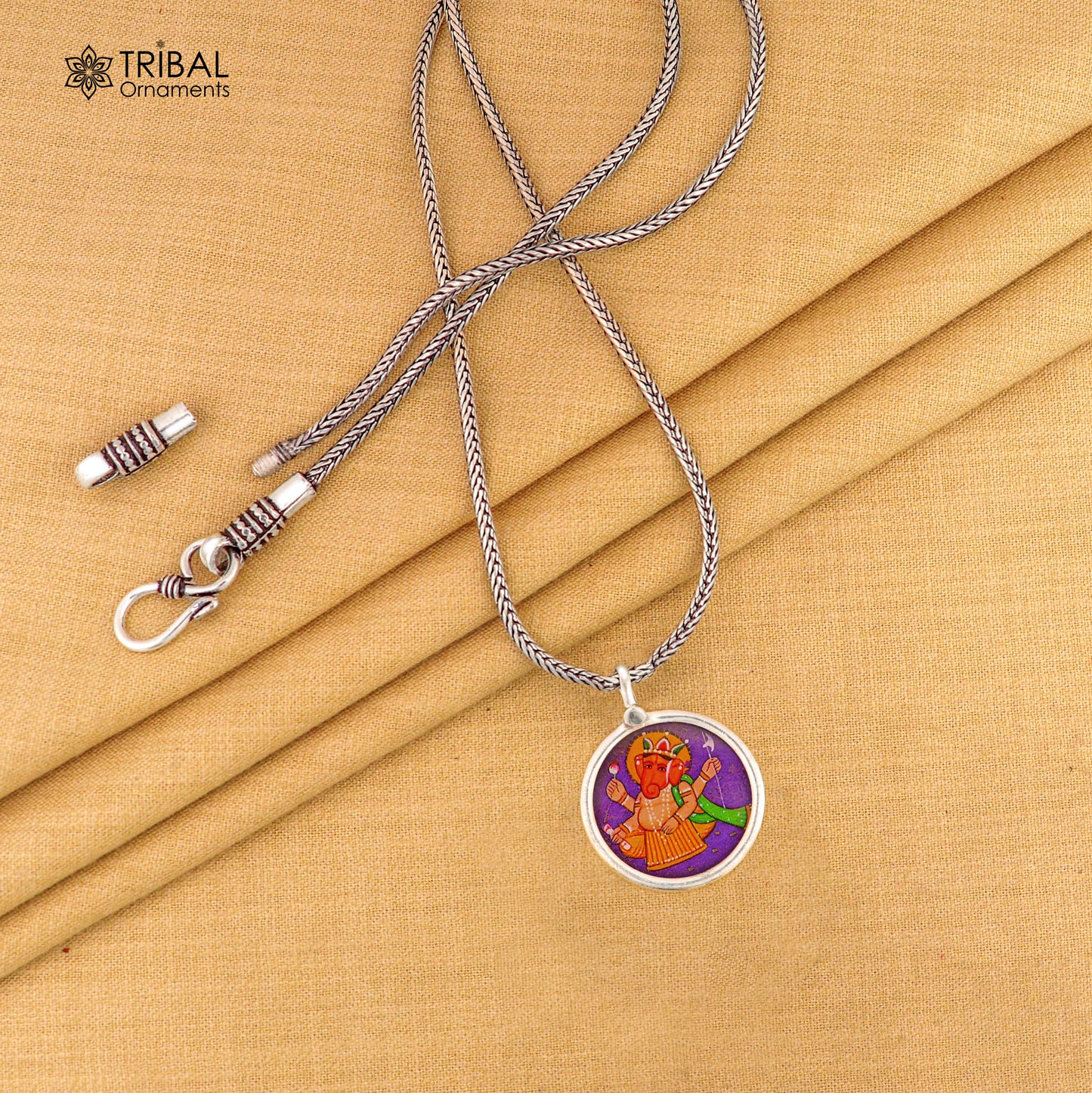925 sterling silver Ganesha pendant featuring a divine Lord painting, handmade tribal ornament jewelry for unisex gifting.