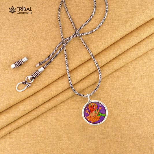 925 sterling silver Ganesha pendant featuring a divine Lord painting, handmade tribal ornament jewelry for unisex gifting.