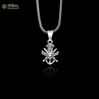925 sterling silver Indian Army Tri Force symbol pendant, handcrafted tribal jewelry for army enthusiasts and gift-giving.
