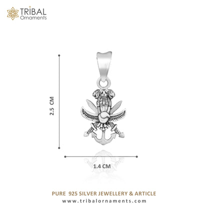 Sterling silver Indian Army TRI FORCE symbol pendant, handmade tribal ornament jewelry for army enthusiasts.