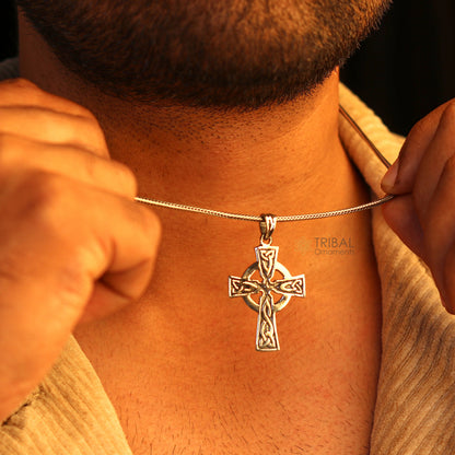 Sterling silver handmade Jesus necklace with cross pendant, unisex tribal ornaments jewelry, stylish religious pendant.