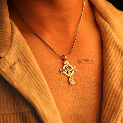Handmade 925 sterling silver Jesus necklace with cross pendant, unisex style, detailed tribal ornament jewelry design.