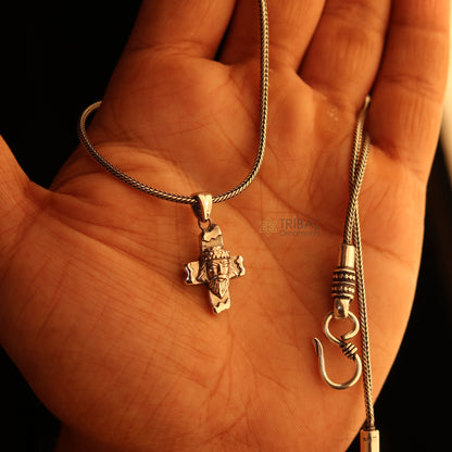 Sterling silver handmade Jesus pendant necklace for men and unisex jewelry, stylish tribal ornament design with chain.