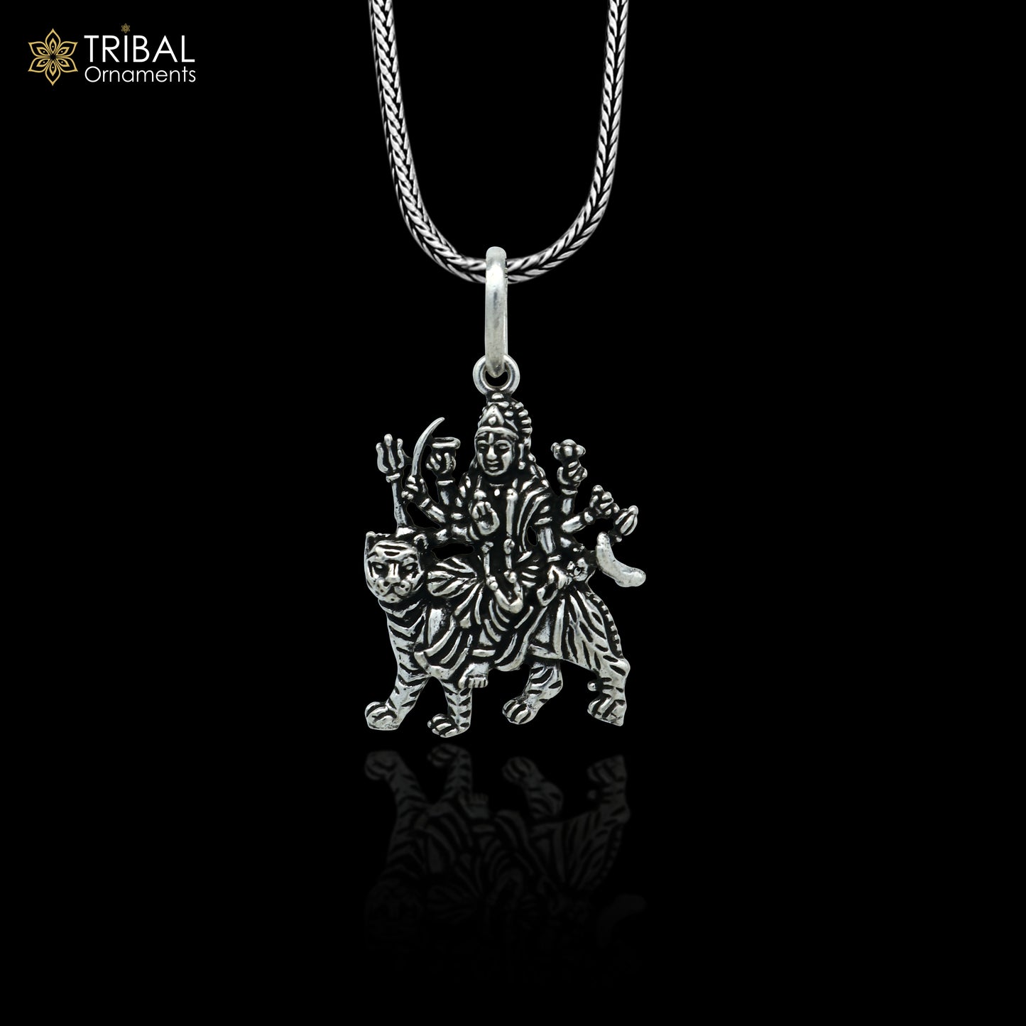 Sterling silver handmade Lord Durga Maa pendant by Tribal Ornaments, featuring intricate tribal-style design and stylish craftsmanship.