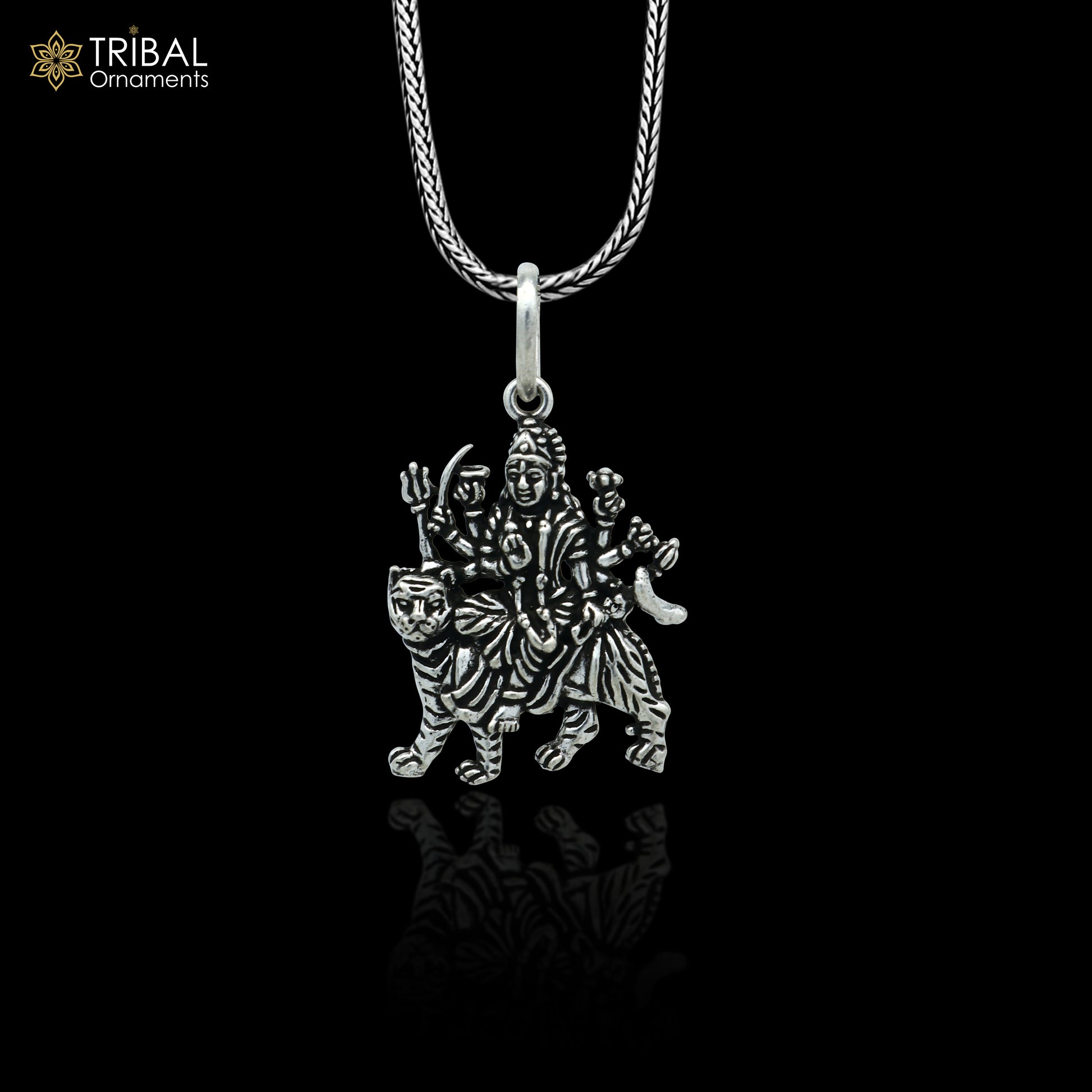 Sterling silver handmade Lord Durga Maa pendant by Tribal Ornaments, featuring intricate tribal-style design and stylish craftsmanship.
