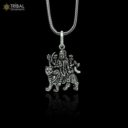 Sterling silver handmade Lord Durga Maa pendant by Tribal Ornaments, featuring intricate tribal-style design and stylish craftsmanship.