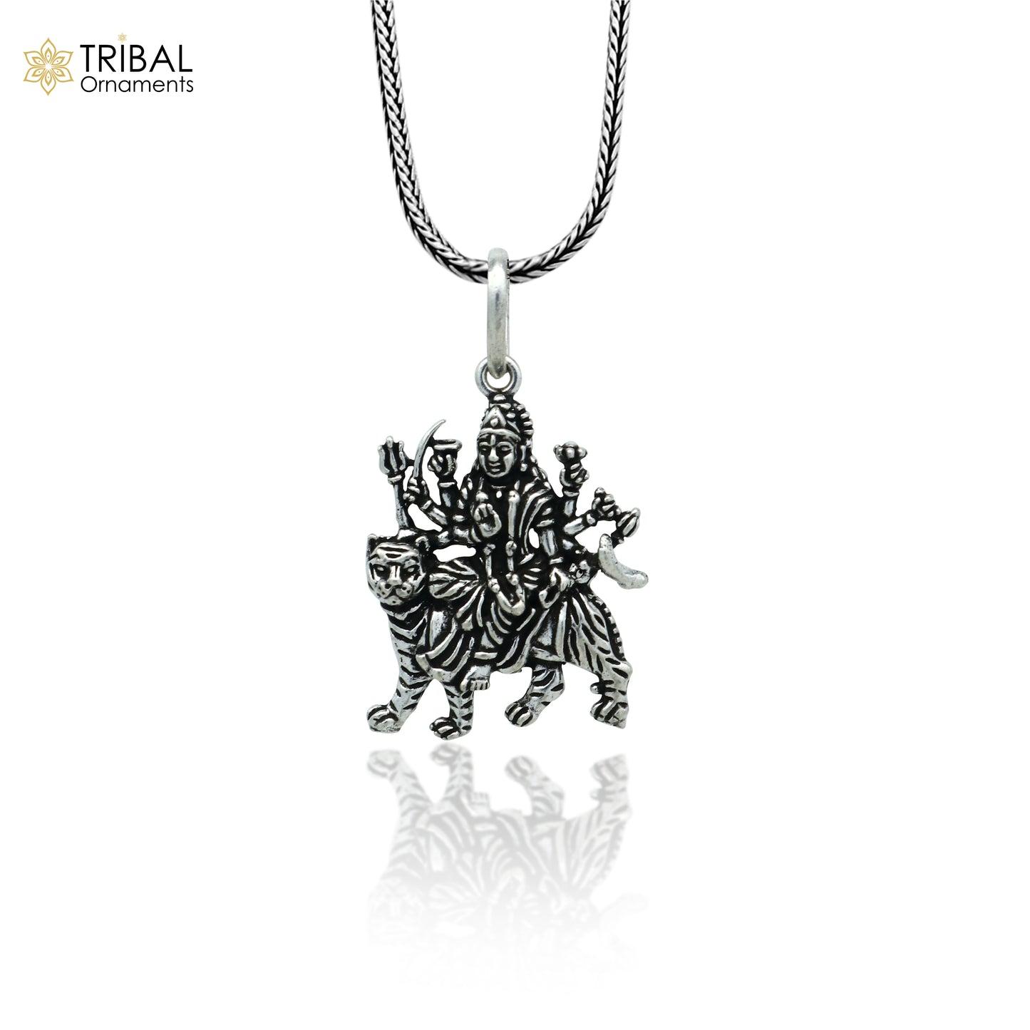 Sterling silver handmade Lord Durga Maa pendant by TRIBAL ORNAMENTS featuring a stylish design, crafted for elegant jewelry.