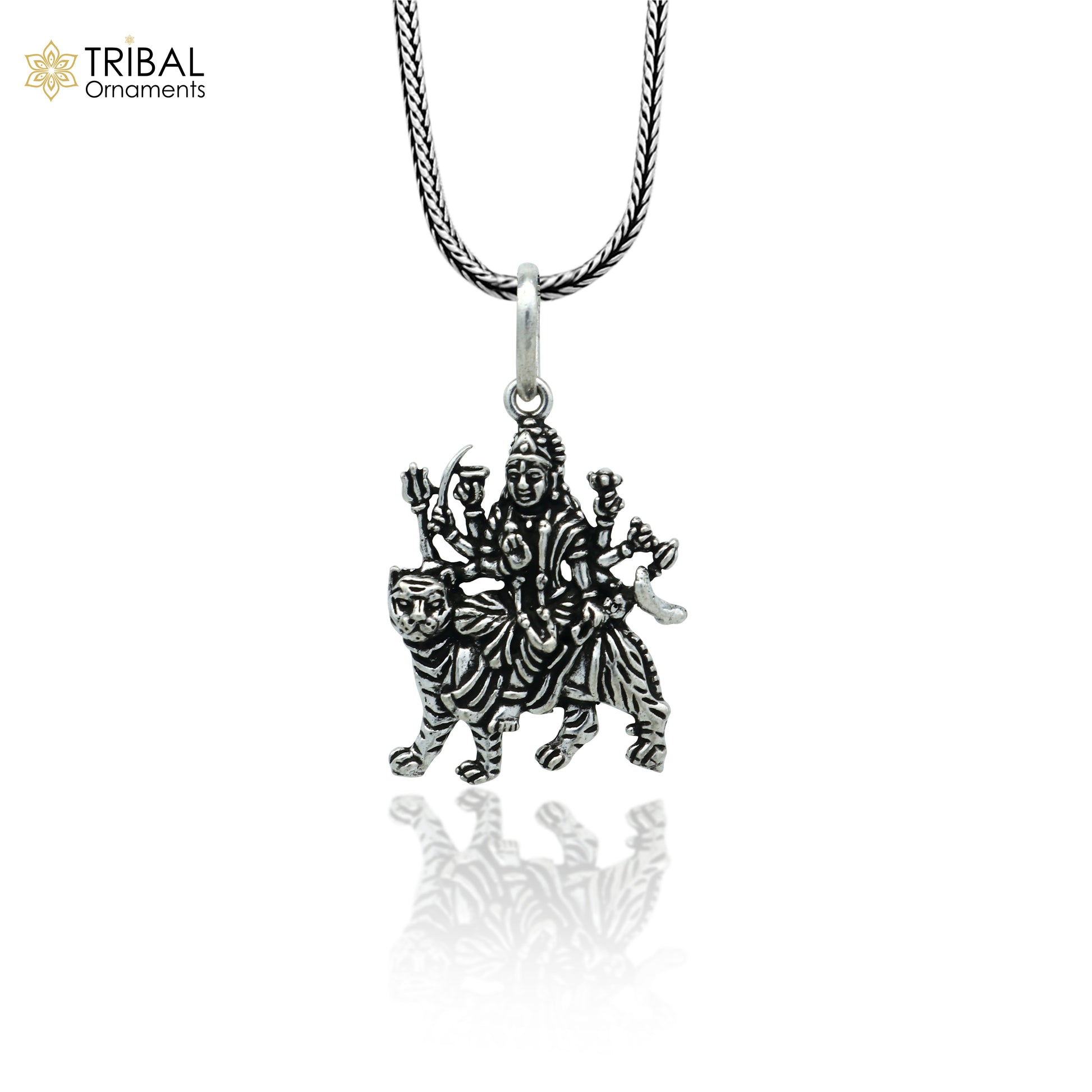 Sterling silver handmade Lord Durga Maa pendant by TRIBAL ORNAMENTS featuring a stylish design, crafted for elegant jewelry.