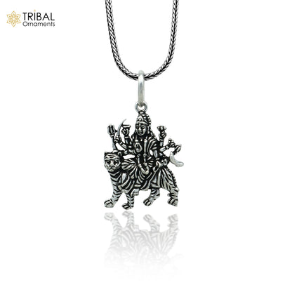 Sterling silver handmade Lord Durga Maa pendant by TRIBAL ORNAMENTS featuring a stylish design, crafted for elegant jewelry.