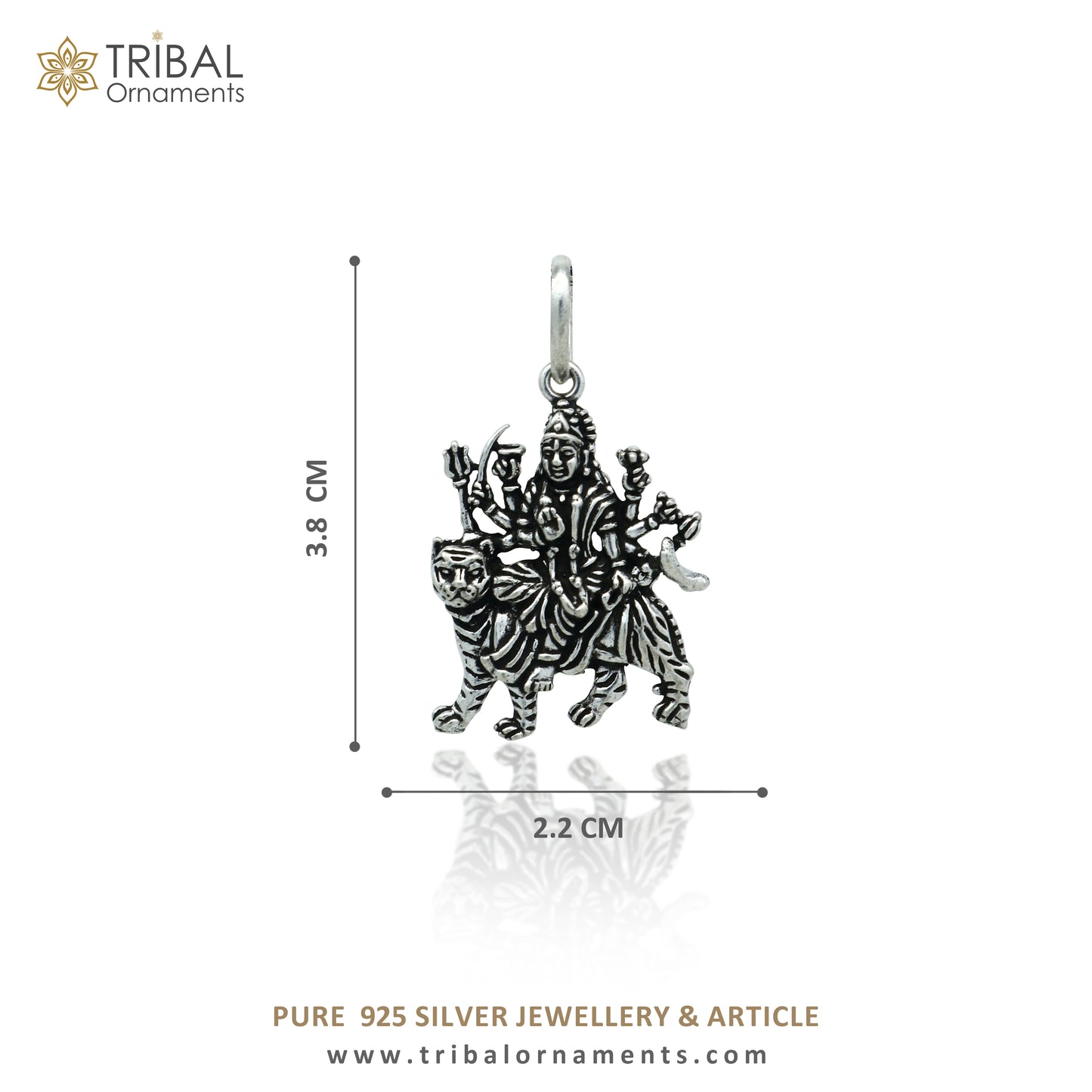 Sterling silver handmade Lord Durga Maa pendant by TRIBAL ORNAMENTS, featuring intricate tribal design and stylish craftsmanship.