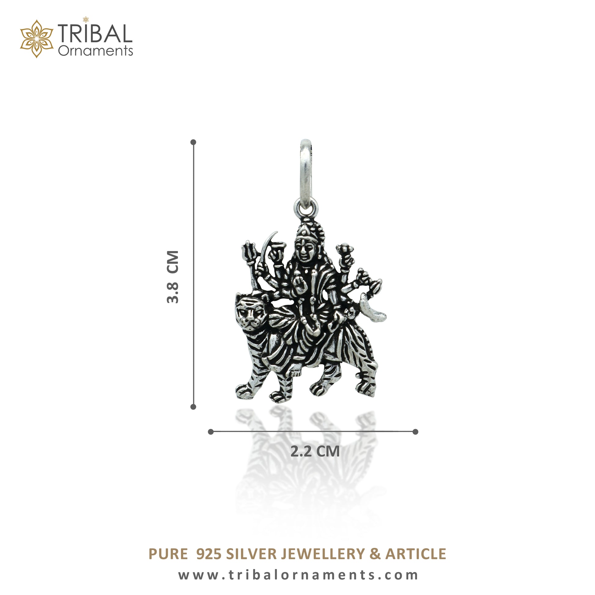 Sterling silver handmade Lord Durga Maa pendant by TRIBAL ORNAMENTS, featuring intricate tribal design and stylish craftsmanship.
