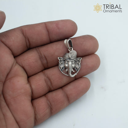 Handmade 925 sterling silver Lord Ganesha pendant with chain, tribal jewelry design, detailed craftsmanship by TRIBAL ORNAMENTS.