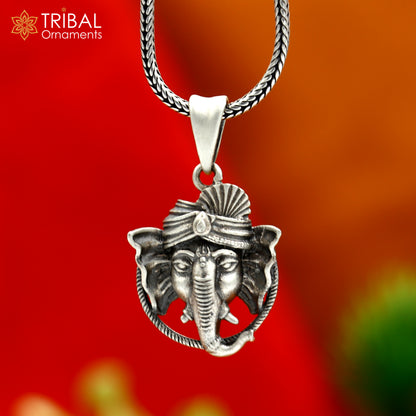 Handmade 925 sterling silver Lord Ganesha pendant with chain, tribal jewelry design by TRIBAL ORNAMENTS.