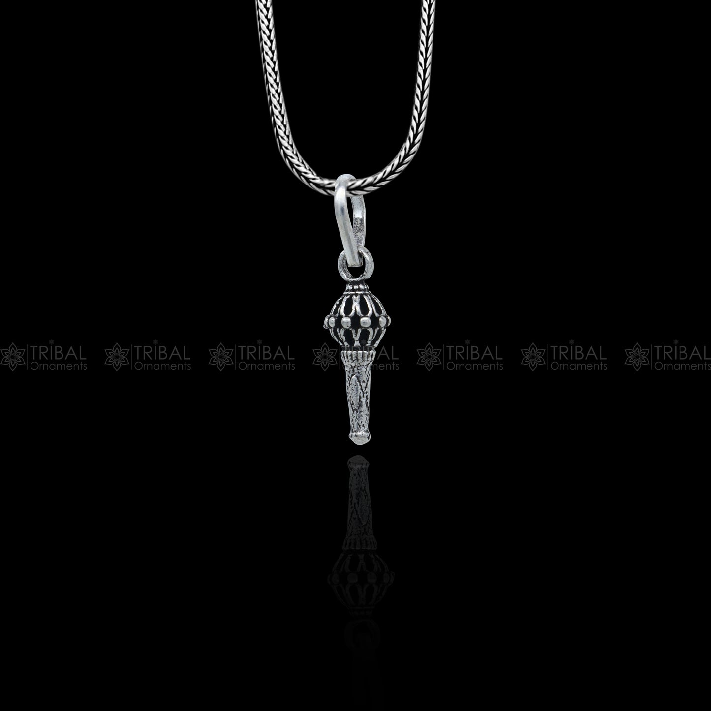 Sterling silver Lord Hanuman mace pendant with intricate bgota/gada sakha design, handmade tribal ornament jewelry.