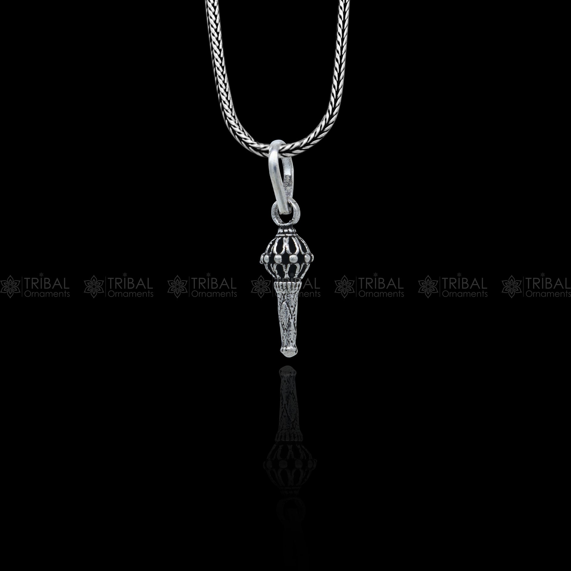 Sterling silver Lord Hanuman mace pendant with intricate bgota/gada sakha design, handmade tribal ornament jewelry.