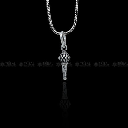 Sterling silver Lord Hanuman mace pendant with intricate bgota/gada sakha design, handmade tribal ornament jewelry.