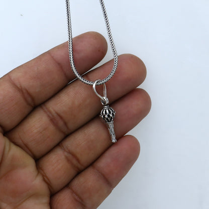 Sterling silver Lord Hanuman mace pendant with tribal Gada Sakha design, handcrafted by TRIBAL ORNAMENTS.