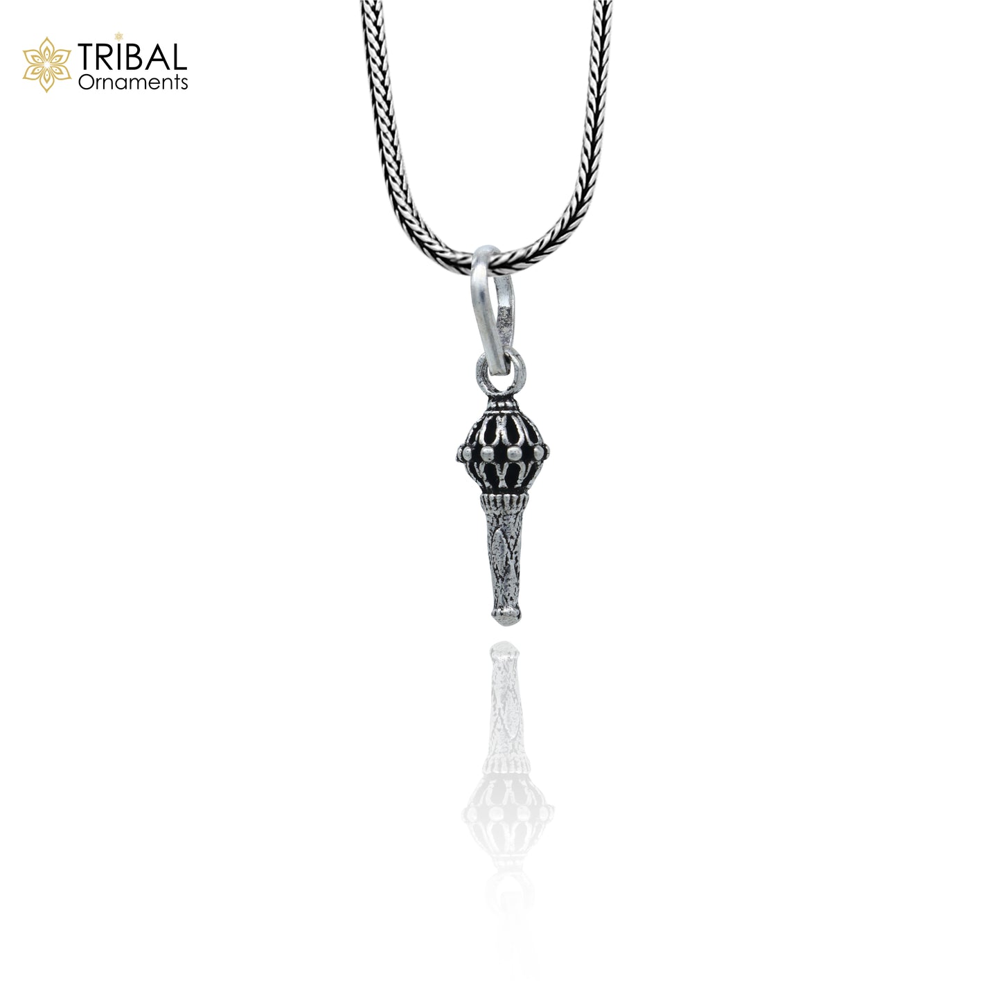 Sterling silver Lord Hanuman mace pendant with Gada Sakha design, handmade tribal-style jewelry by Tribal Ornaments.