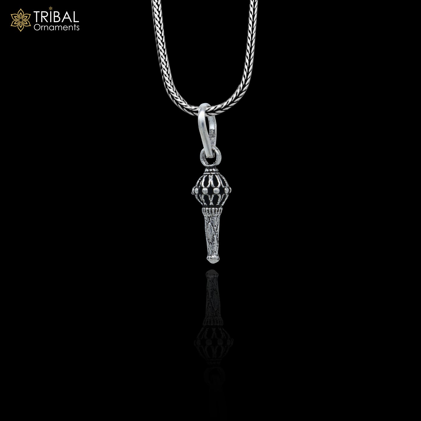 Sterling silver Lord Hanuman mace pendant with handcrafted Gada Sakha design, stylish tribal ornament jewelry.
