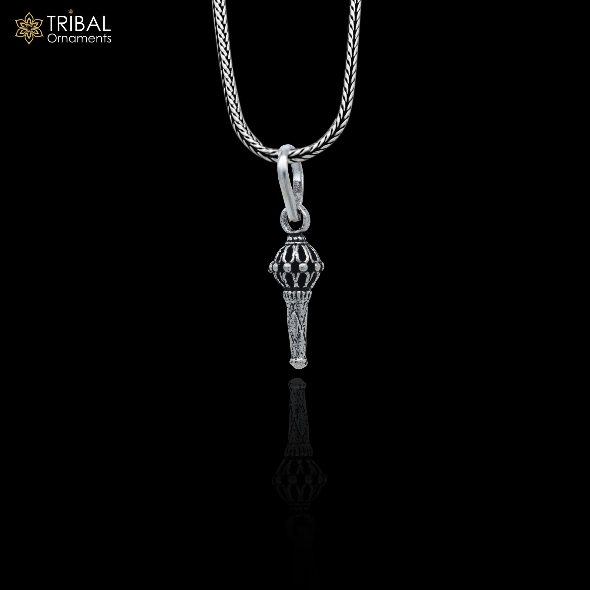 Sterling silver Lord Hanuman mace pendant with handcrafted Gada Sakha design, stylish tribal ornament jewelry.