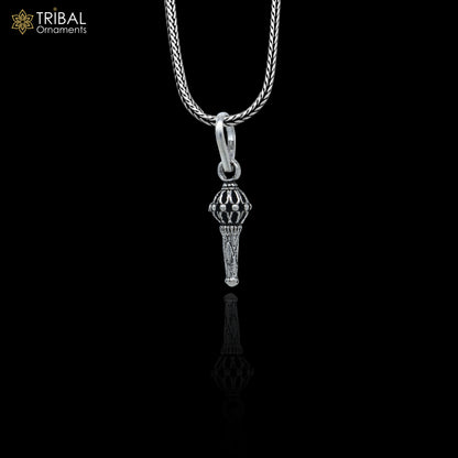 Sterling silver Lord Hanuman mace pendant with handcrafted Gada Sakha design, stylish tribal ornament jewelry.