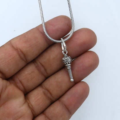 Sterling silver handmade Lord Hanuman mace pendant with Gota and Sakha design, stylish tribal ornament jewelry.
