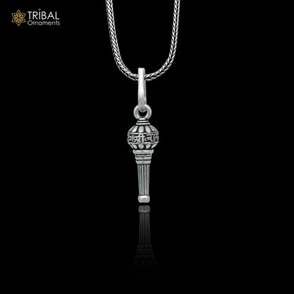 Sterling silver Lord Hanuman mace pendant with Gada Gota Sakha design, handmade tribal-style jewelry.