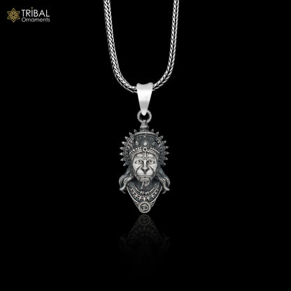Handmade 925 sterling silver Lord Hanuman pendant with chain, tribal jewelry featuring intricate tribal ornament design.