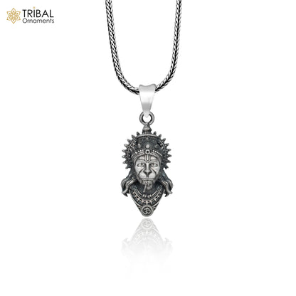 Handmade 925 sterling silver Lord Hanuman pendant with chain, tribal jewelry design perfect for traditional or spiritual accessories.