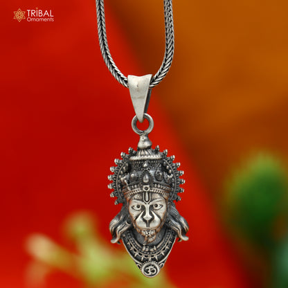 Handmade 925 sterling silver Lord Hanuman pendant with chain, tribal jewelry design, detailed tribal ornament craftsmanship.