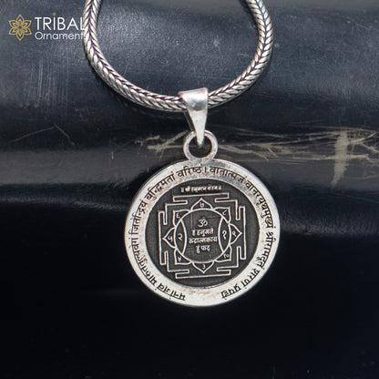 Handmade 925 sterling silver Lord Hanuman Yantra pendant with chain, tribal jewelry style, crafted by Tribal Ornaments.