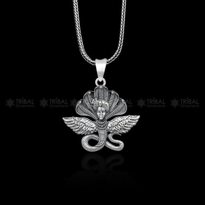 925 Sterling silver Lord Kalla Ji deity snake pendant, handmade tribal ornament with intricate design and religious symbolism.