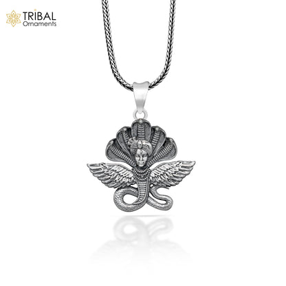 Sterling silver Lord Kalla Ji deity snake pendant from Tribal Ornaments, featuring intricate handmade design and detailed religious symbolism.