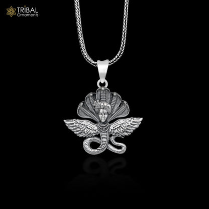 925 Sterling silver Lord Kalla Ji deity snake pendant, handmade tribal ornament with intricate design and religious symbolism.