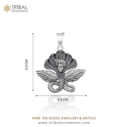 Sterling silver Lord Kalla Ji deity pendant with snake design, handmade tribal ornament jewelry, NSP852 style.