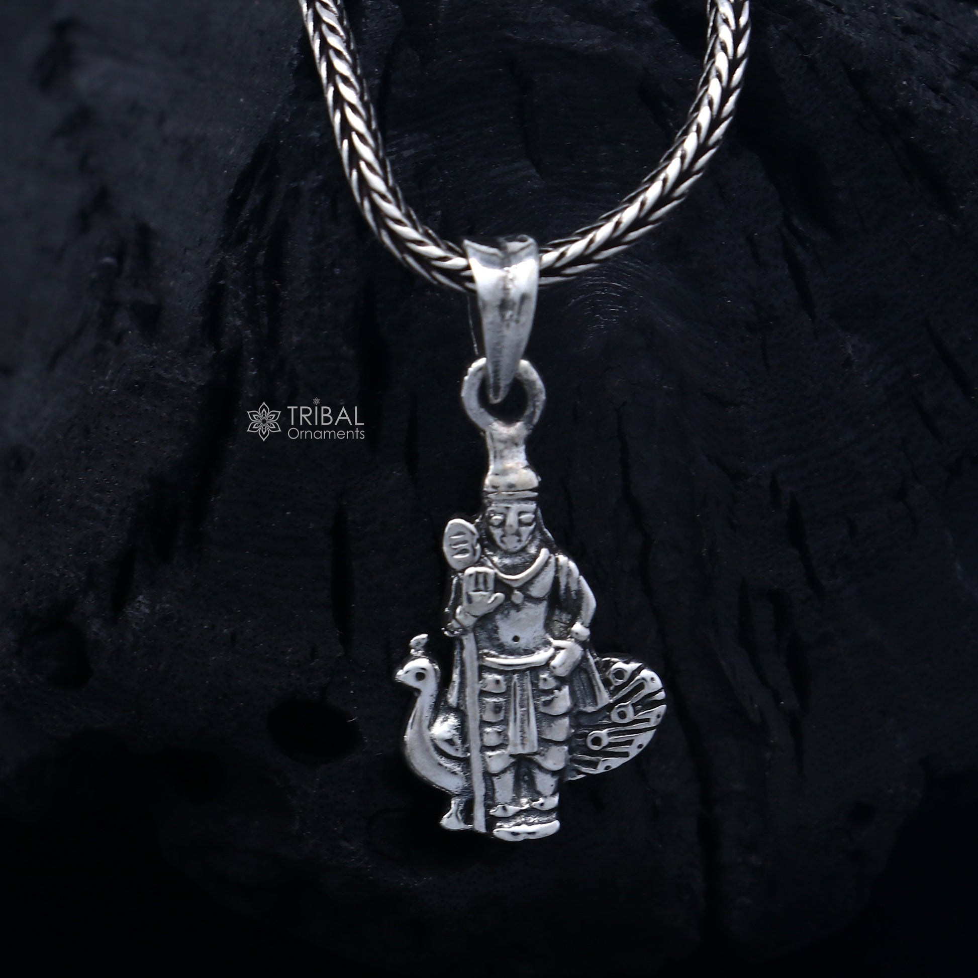 Handmade 925 Sterling silver Lord Kartikey pendant by Tribal Ornaments, featuring detailed tribal design and religious symbolism.
