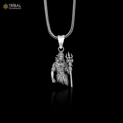 Handmade 925 sterling silver Lord Mahadeva pendant with chain, tribal jewelry design, detailed spiritual tribal ornament.