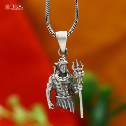 Handmade 925 sterling silver Lord Mahadeva pendant with chain, tribal jewelry featuring intricate tribal ornament design.