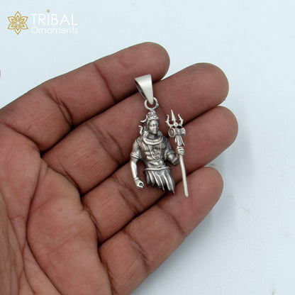 Handmade 925 sterling silver Lord Mahadeva pendant with chain, tribal jewelry style, detailed tribal ornament design.