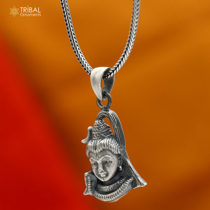 Handmade 925 sterling silver Lord Mahadeva pendant with chain, tribal jewelry featuring intricate tribal ornament design.