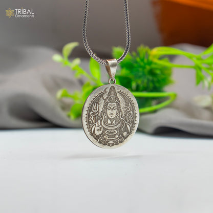 Handmade 925 sterling silver Lord Mahakal pendant with chain, tribal jewelry by TRIBAL ORNAMENTS, featuring intricate tribal design.