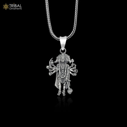 Handmade 925 sterling silver Lord Panchmukhi Hanuman ji pendant with chain, tribal jewelry style, crafted by TRIBAL ORNAMENTS.