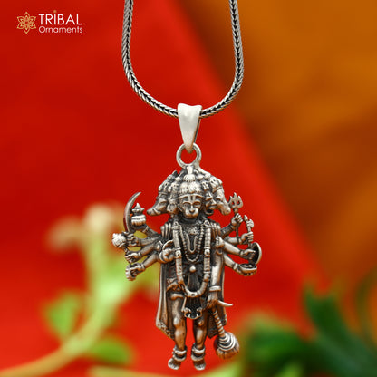 Handmade 925 sterling silver Lord Panchmukhi Hanuman ji pendant with chain, tribal jewelry design by TRIBAL ORNAMENTS.
