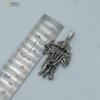 Handmade 925 sterling silver Lord Panchmukhi Hanuman ji pendant with chain, tribal jewelry style by TRIBAL ORNAMENTS.