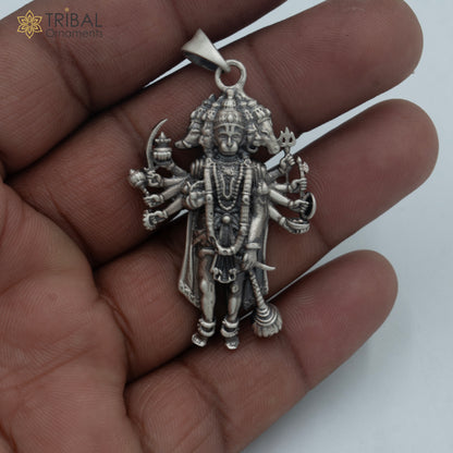 Sterling silver handmade Lord Panchmukhi Hanuman ji pendant with chain, tribal jewelry style from TRIBAL ORNAMENTS.