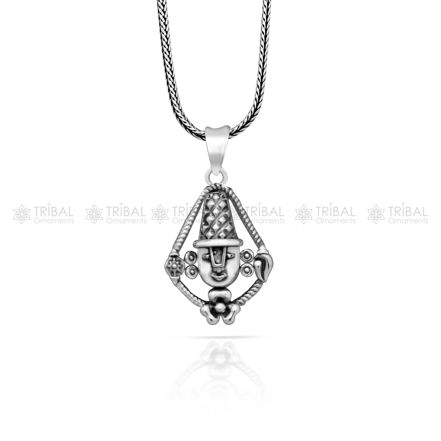 Handmade 925 sterling silver Lord Tirupati Bala Ji pendant with intricate tribal design, showcasing Venkateswara figure.