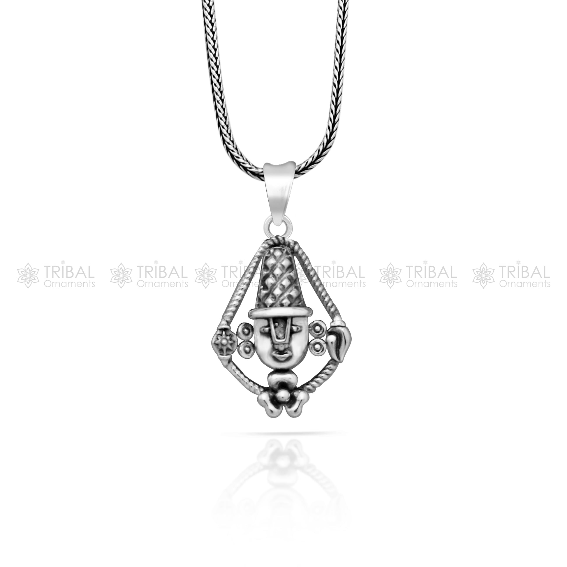 Handmade 925 sterling silver Lord Tirupati Bala Ji pendant with intricate tribal design, showcasing Venkateswara figure.